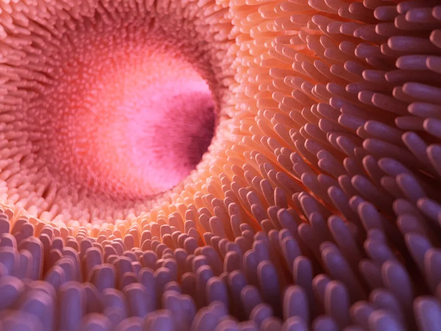 Close-up illustration of the intestinal lining and villi